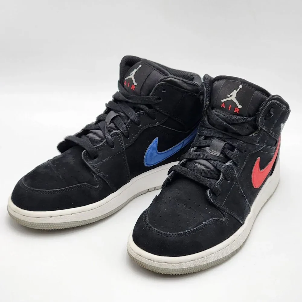 Nike Air Jordan 1‎ Mid, Suede, Black, Size 5Y Red and Blue Swoosh Boys Youth